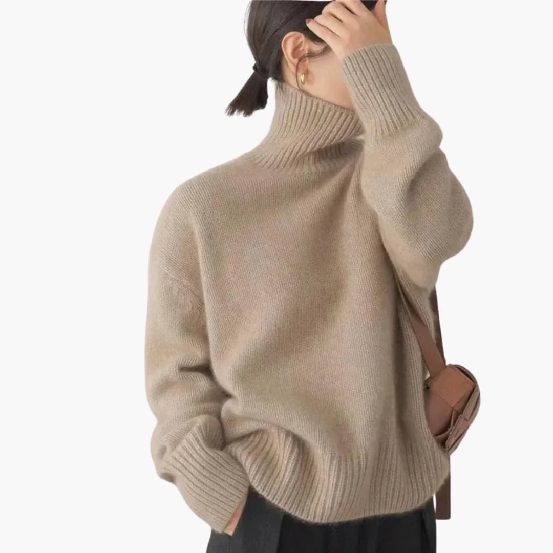 Women's cozy turtleneck knit sweater long sleeves pullover style with fitted ribbed cuffs everyday wear