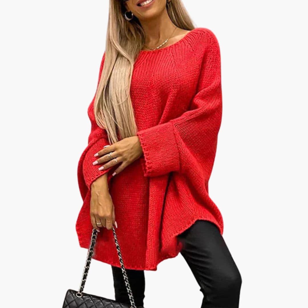 Women's loose knit boat neck sweater with wide sleeves, relaxed fit pull-on style for modern comfort