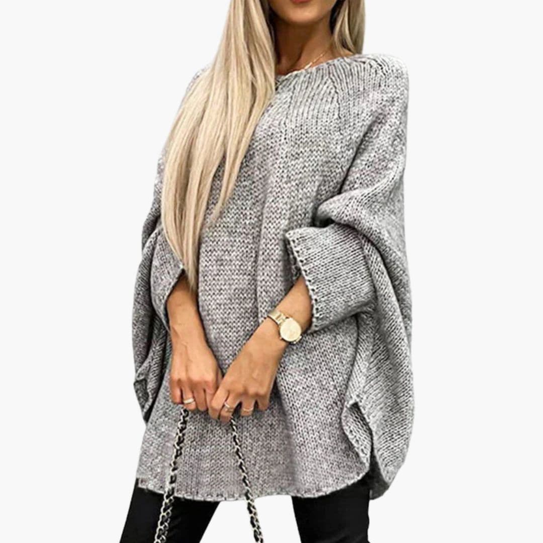 Women's loose knit boat neck sweater with wide sleeves in relaxed modern pull-on style