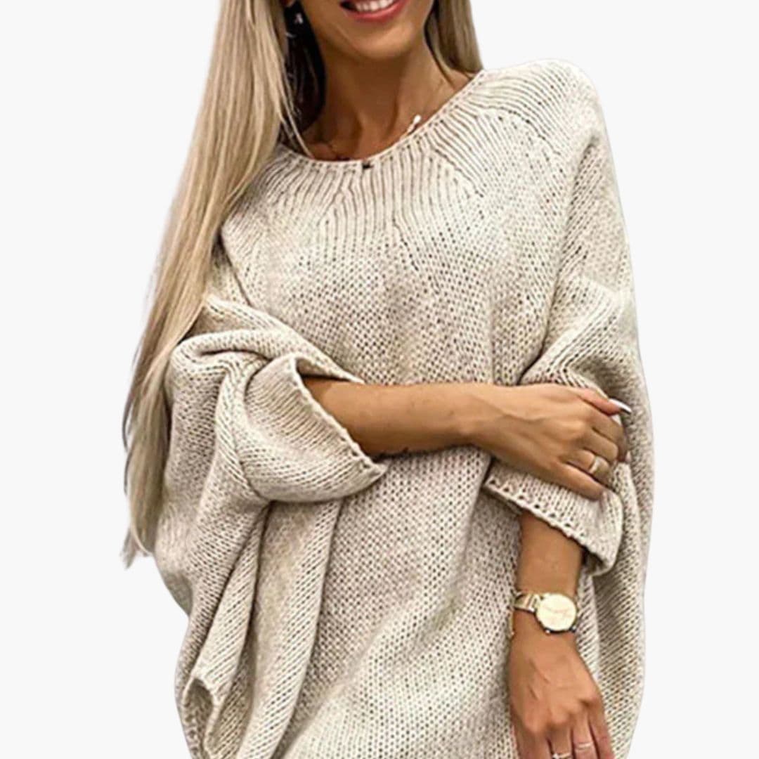 Women's loose knit boat neck sweater with wide sleeves, relaxed modern silhouette pull-on style