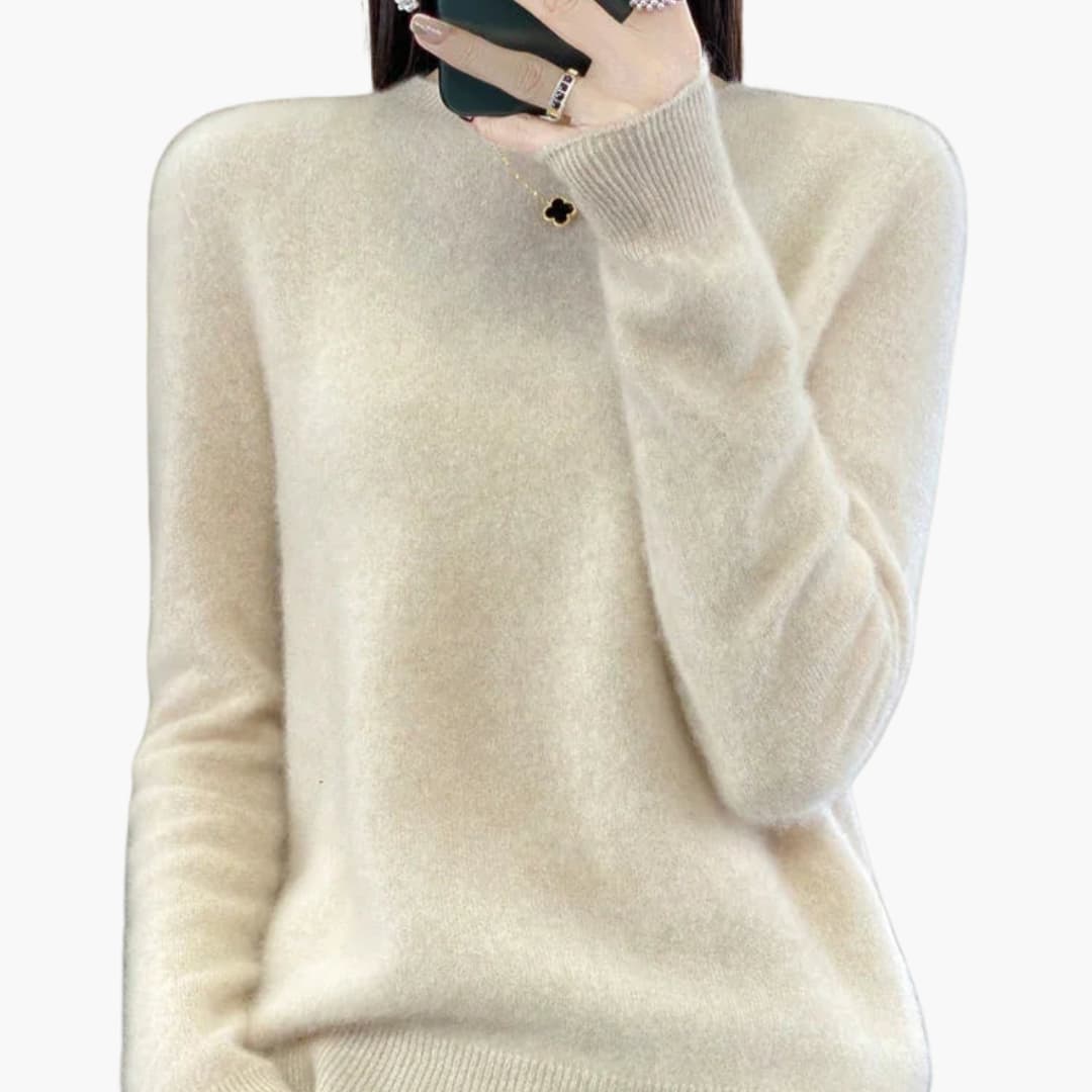 Women's round neck pullover sweater with ribbed cuffs and hem, minimalist knit essential