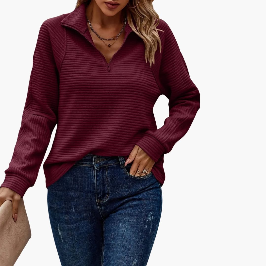 Women's ribbed turtleneck pullover half-zip stand-up collar textured knit cozy long-sleeve sweater