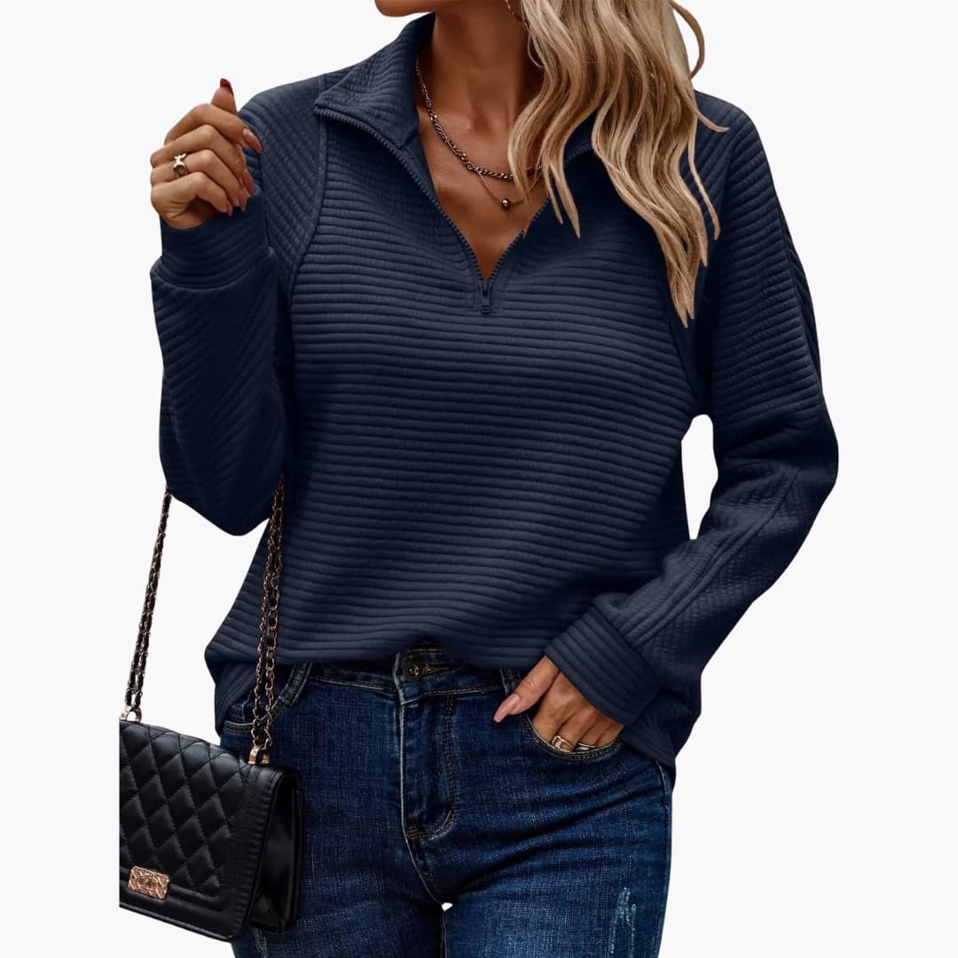 Women's ribbed turtleneck pullover half-zip stand-up collar cozy textured knit long-sleeve sweater