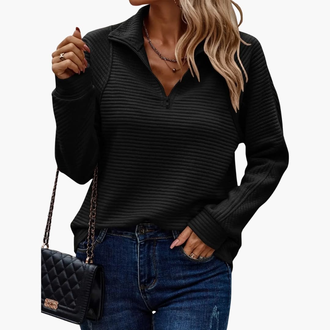 Women's ribbed turtleneck pullover half-zip stand-up collar cozy textured knit sweater