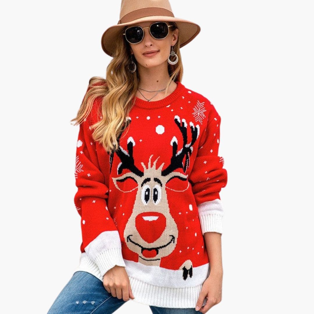 Women's cozy reindeer snowflake knit sweater, round neck pullover with ribbed edges for winter