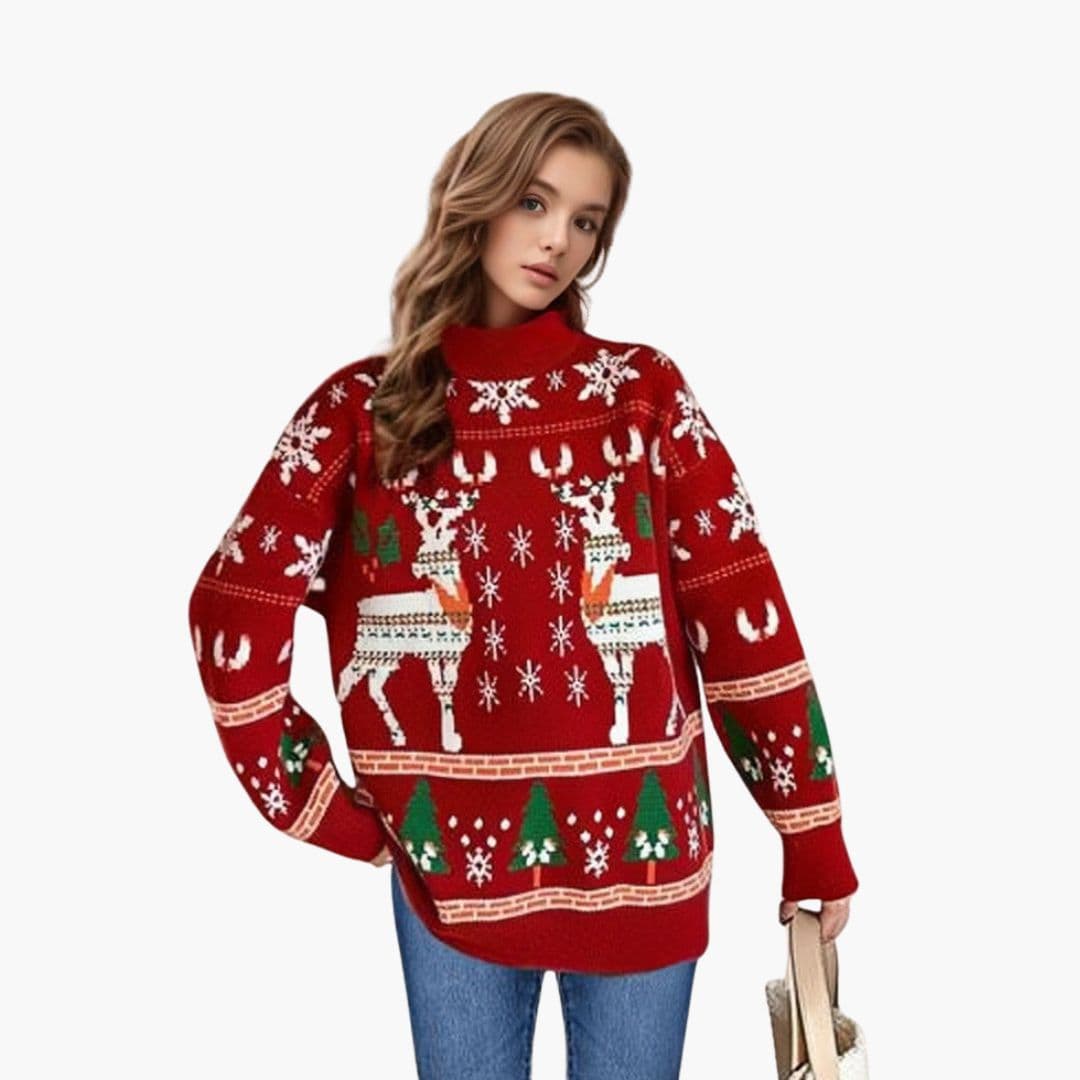 Women's reindeer pattern knit sweater with high collar and ribbed hem, festive pullover for cold season
