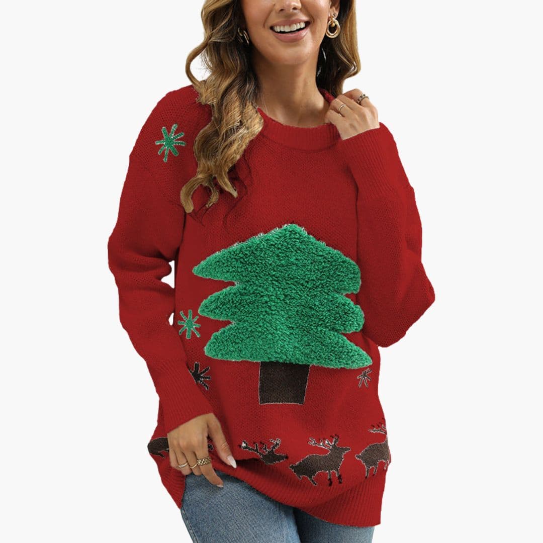 Women's cream knit pullover sweater with textured Christmas tree motif and ribbed edges