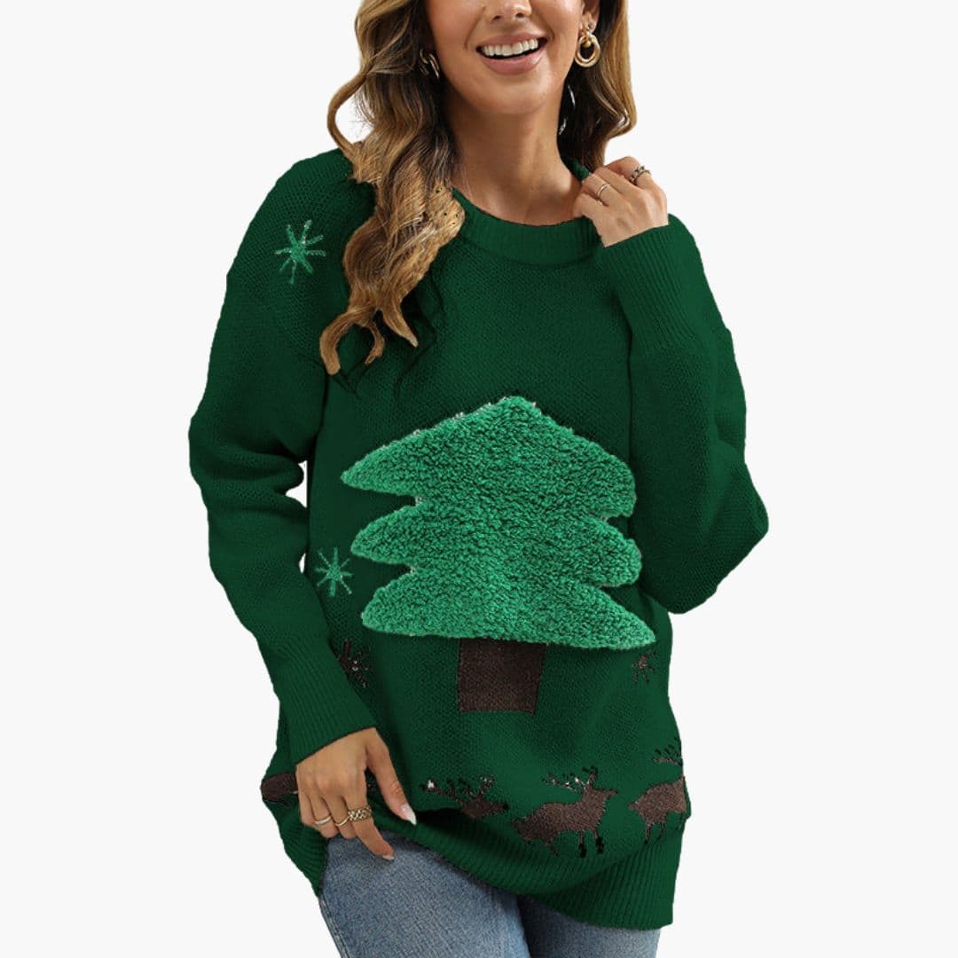 Women's cozy knit pullover sweater with textured Christmas tree pattern and ribbed edges