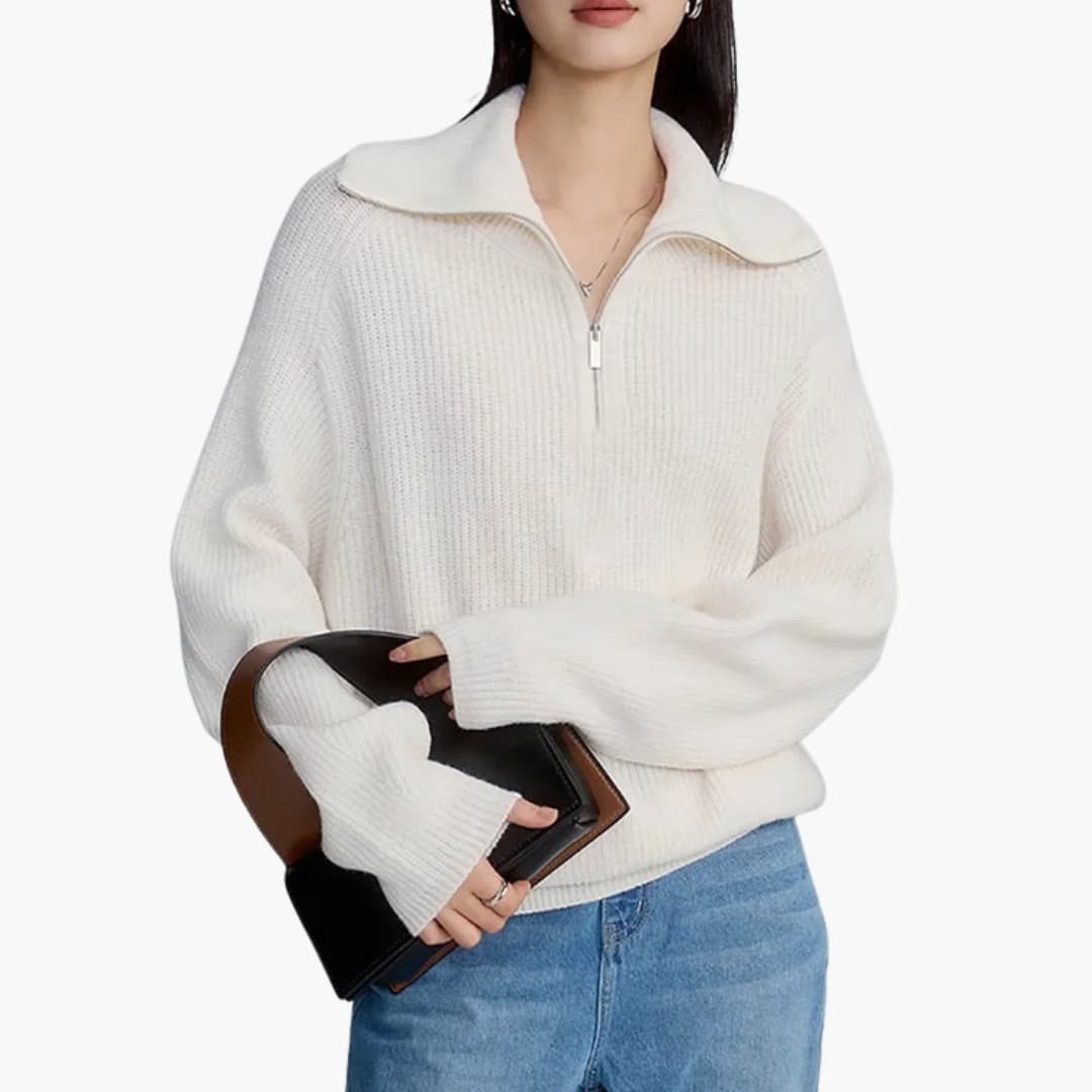 Women's wool half-zip sweater loose fit stand-up collar knit texture cozy minimalist style