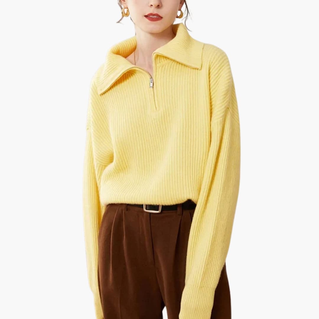 Women's wool half-zip sweater loose fit stand-up collar knit texture cozy premium minimalist style