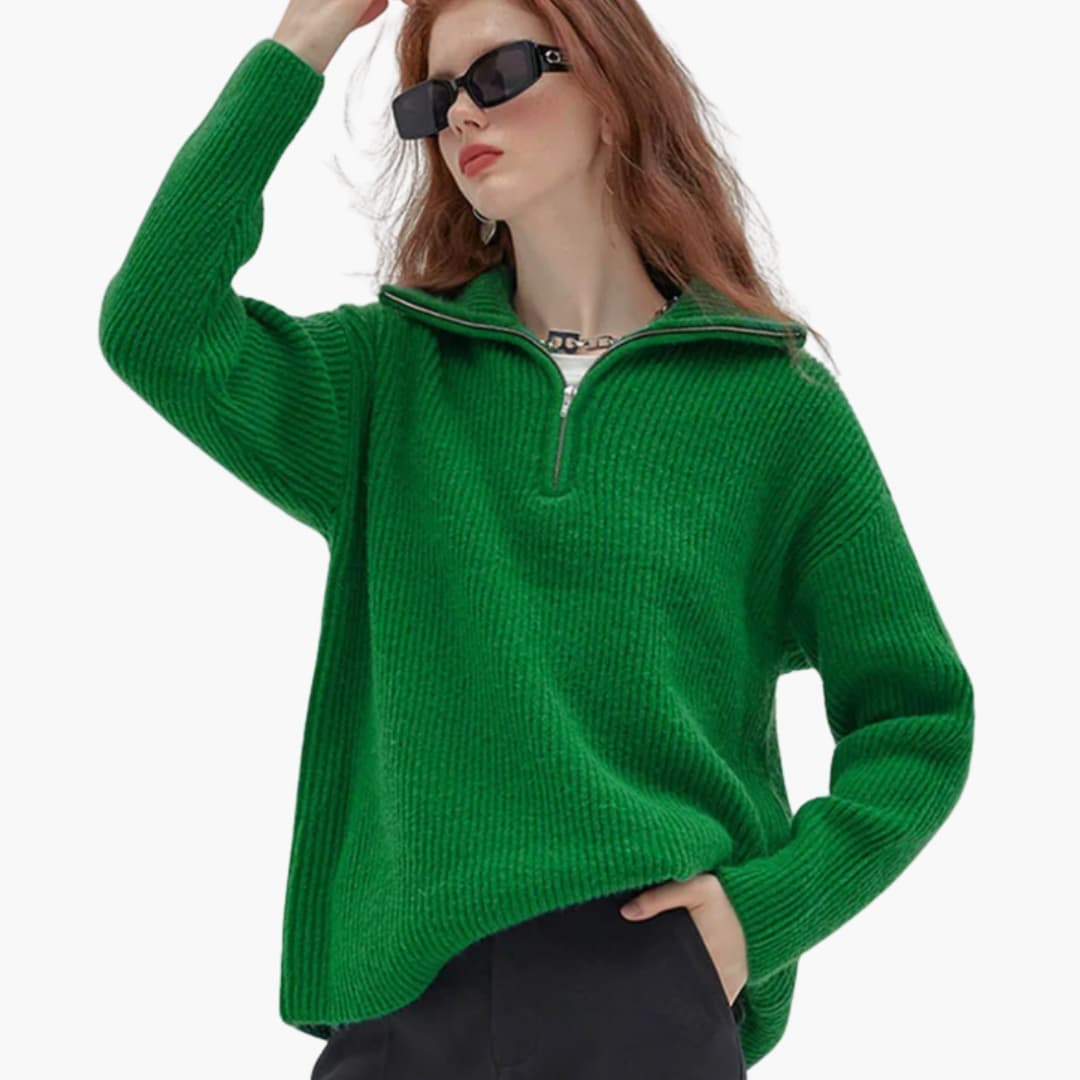 Women's wool half-zip sweater, loose fit knit with stand-up collar, premium cozy texture