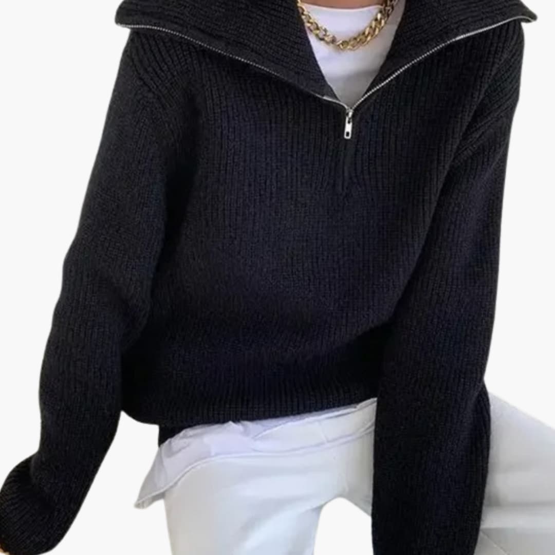 Women's loose fit wool half-zip sweater with stand-up collar, knit texture, cozy minimalist style