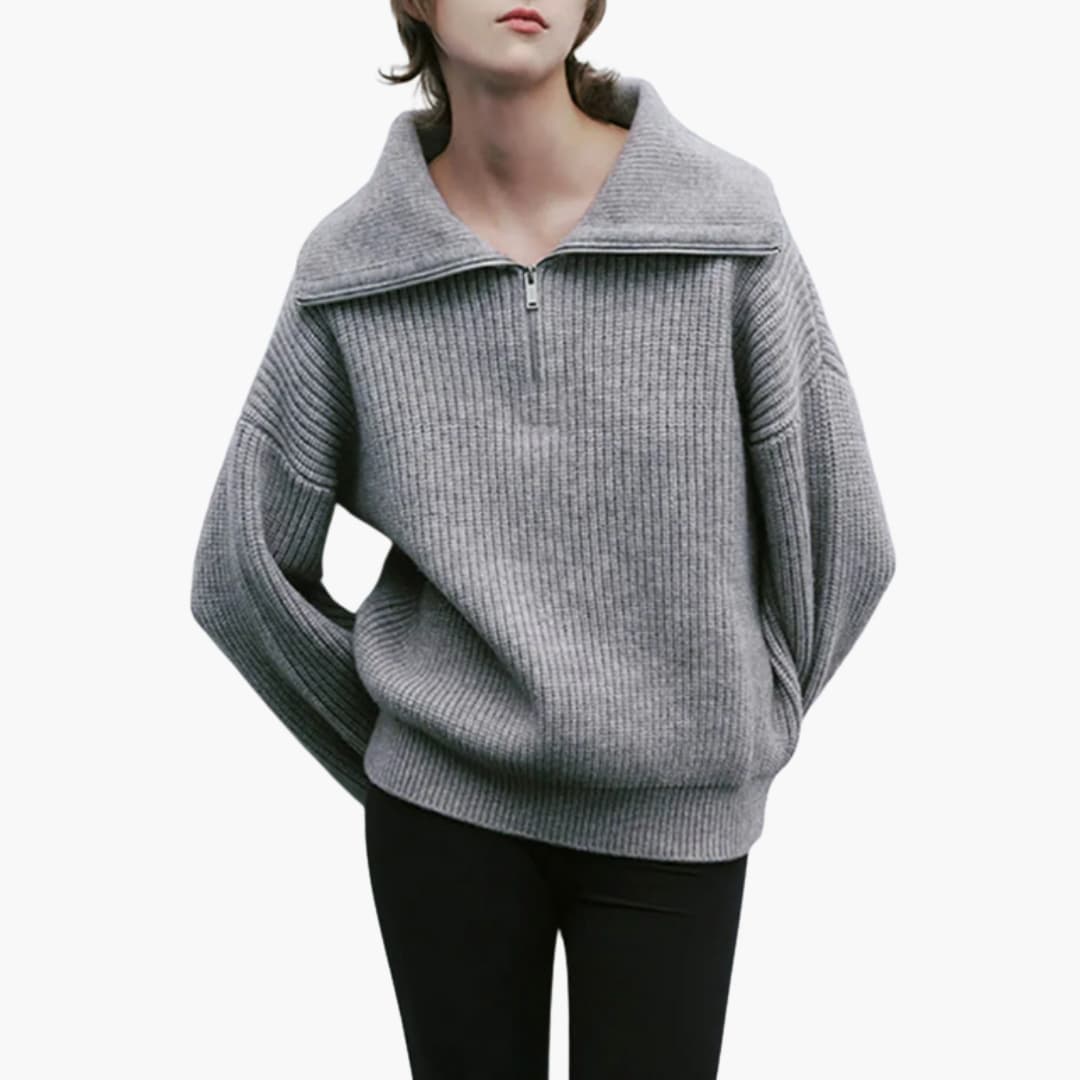 Women's wool half-zip sweater loose fit stand-up collar knit texture cozy minimalist style