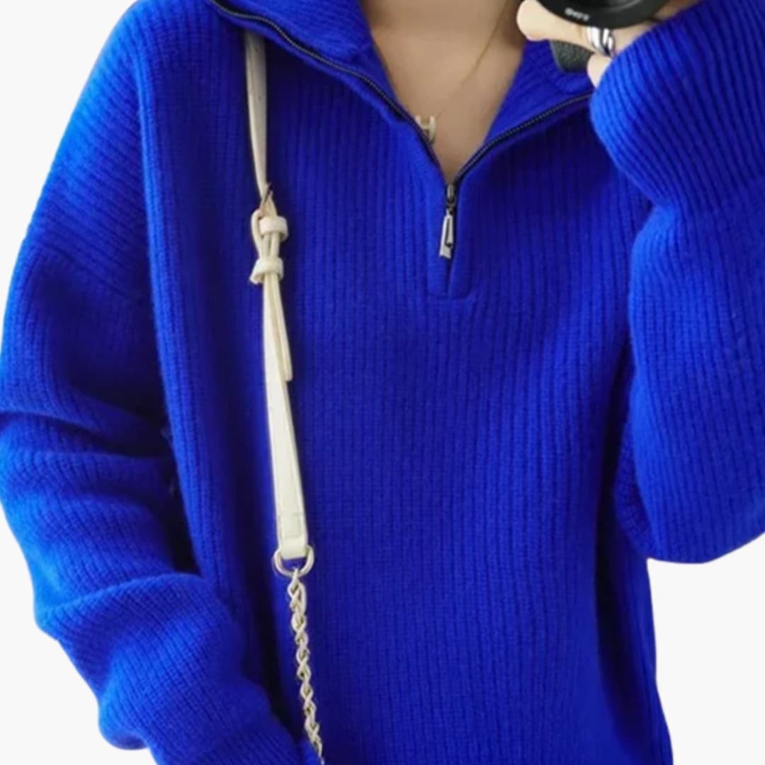 Women's loose fit wool half-zip sweater with stand-up collar, knit texture, cozy minimalist style