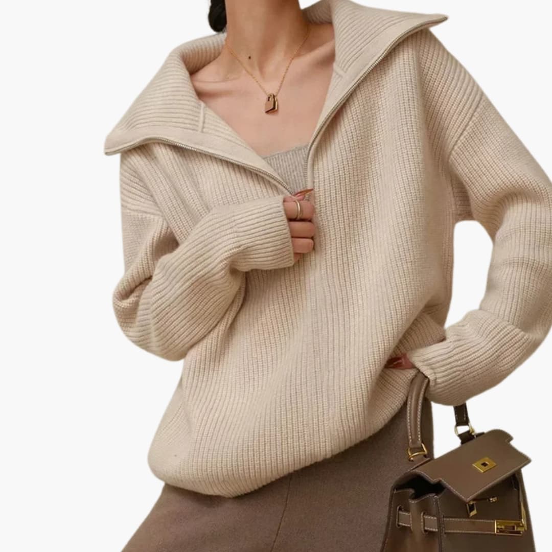 Women's wool half-zip sweater loose fit stand-up collar knit texture cozy minimalist style
