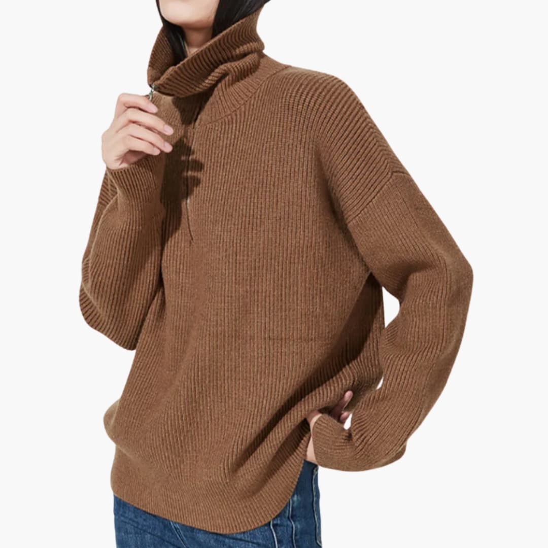Women's wool half-zip sweater loose fit stand-up collar knit texture cozy minimalist style