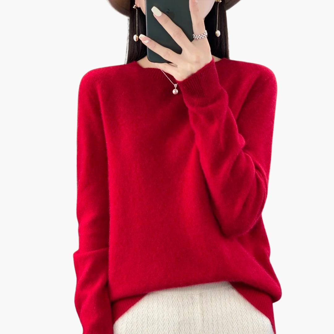 Women's textured knit pullover sweater, round neck, ribbed cuffs, classic solid everyday style