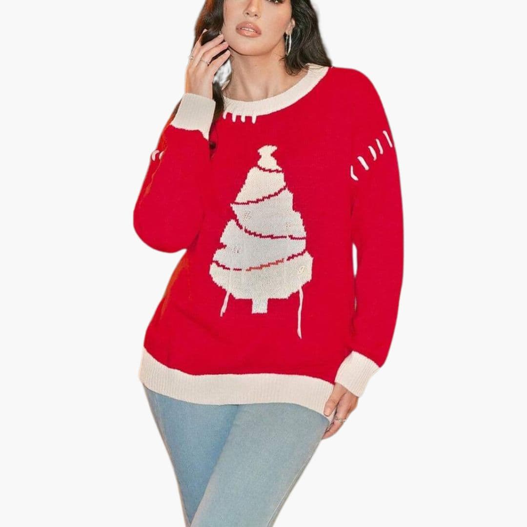 Women's green Christmas tree pattern knit sweater with cozy round neck ribbed festive holiday style