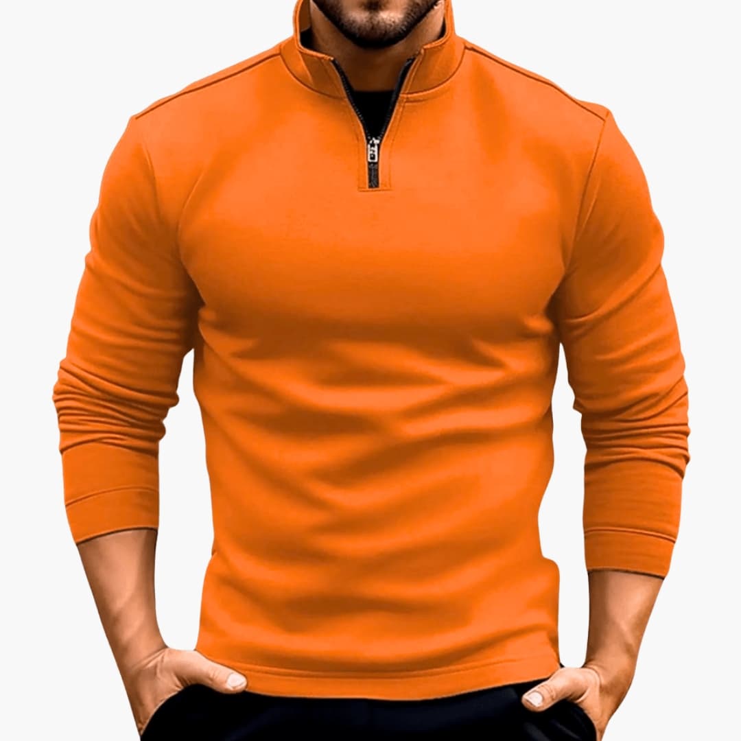 Men's half-zip knit sweater with stand-up collar, structured fit for classic casual everyday wear