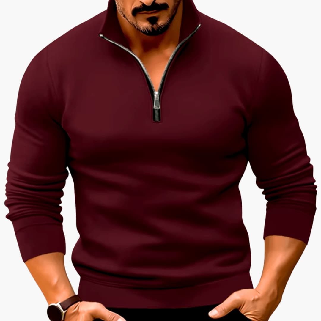Men's half-zip knit sweater with stand-up collar, structured fit, classic casual style