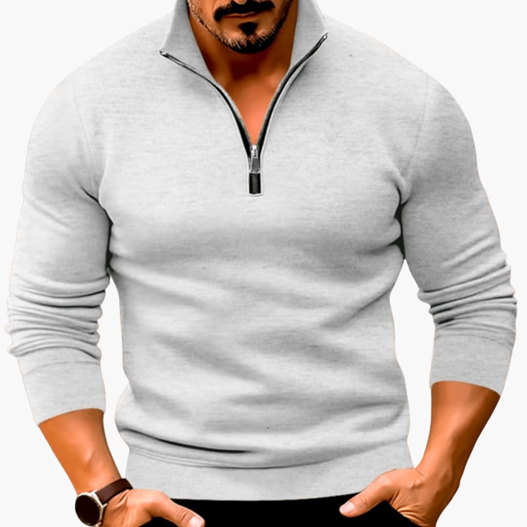Men's half-zip knit sweater with stand-up collar, structured fit, classic casual style for daily wear
