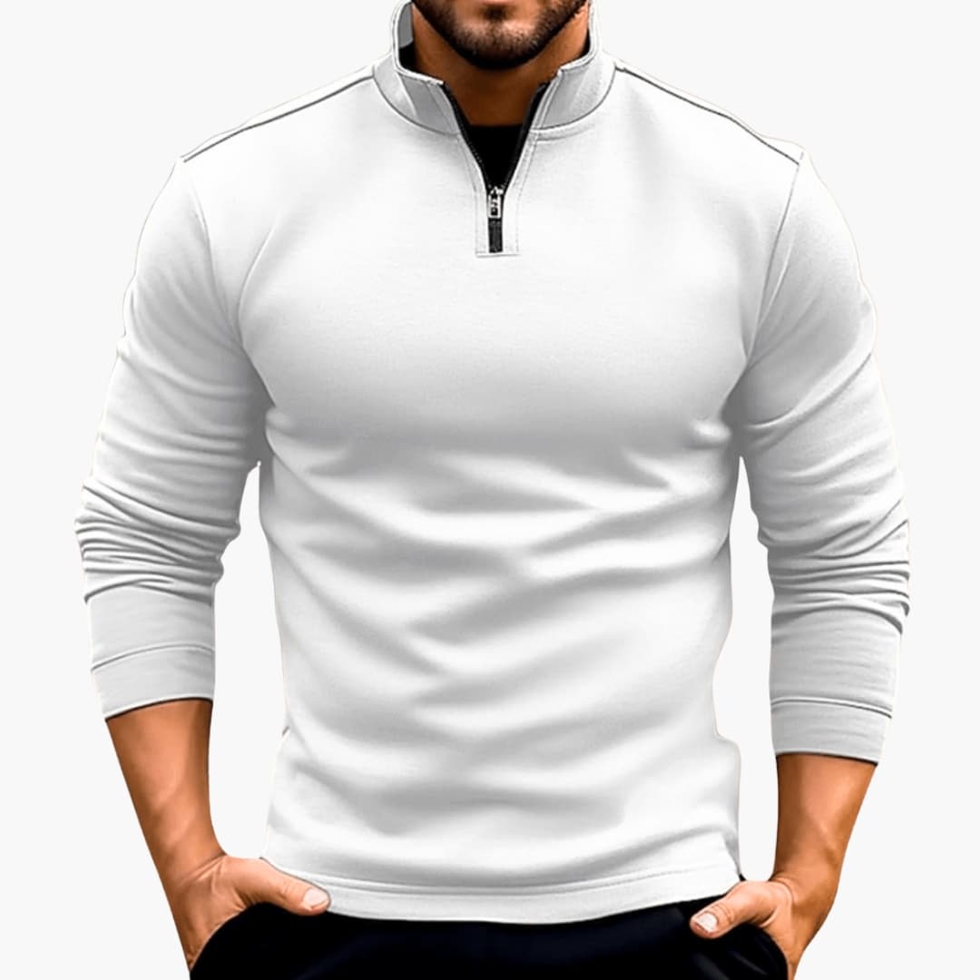 Men's half-zip knit sweater with stand-up collar, structured fit, classic casual style for daily wear