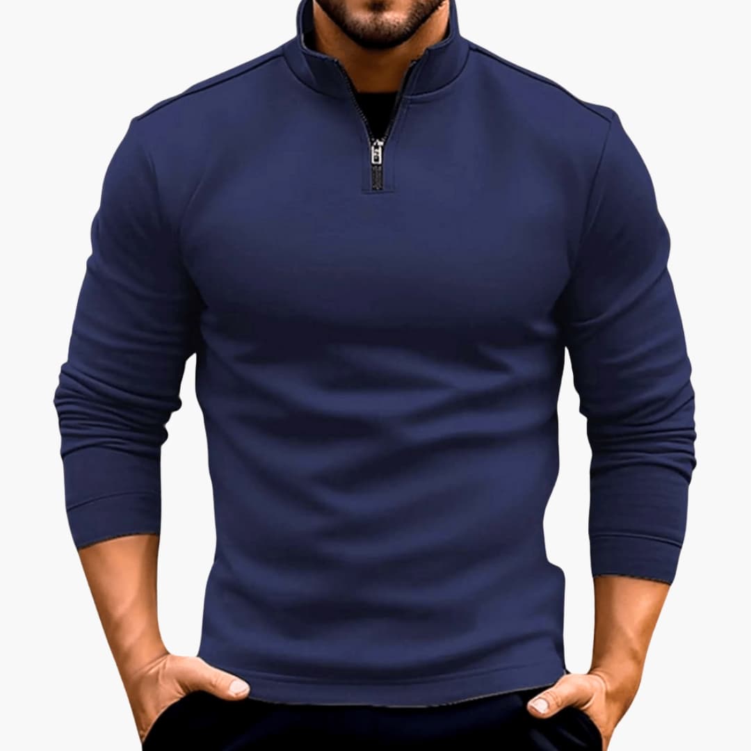 Men's half-zip knit sweater with stand-up collar, structured fit, classic casual style