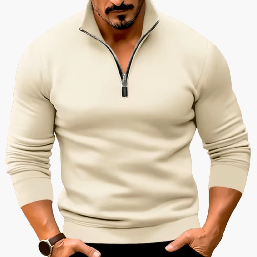 Men's half-zip knit sweater with stand-up collar, structured fit, lightweight fabric for classic casual wear