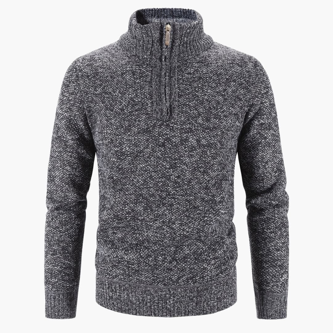 Men's half-zip mock neck knit sweater stand-up collar structured thick ribbed heathered pullover