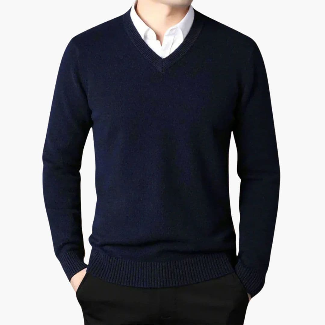 Men's classic V-neck knit sweater with ribbed collar, cuffs, and hem for versatile everyday layering