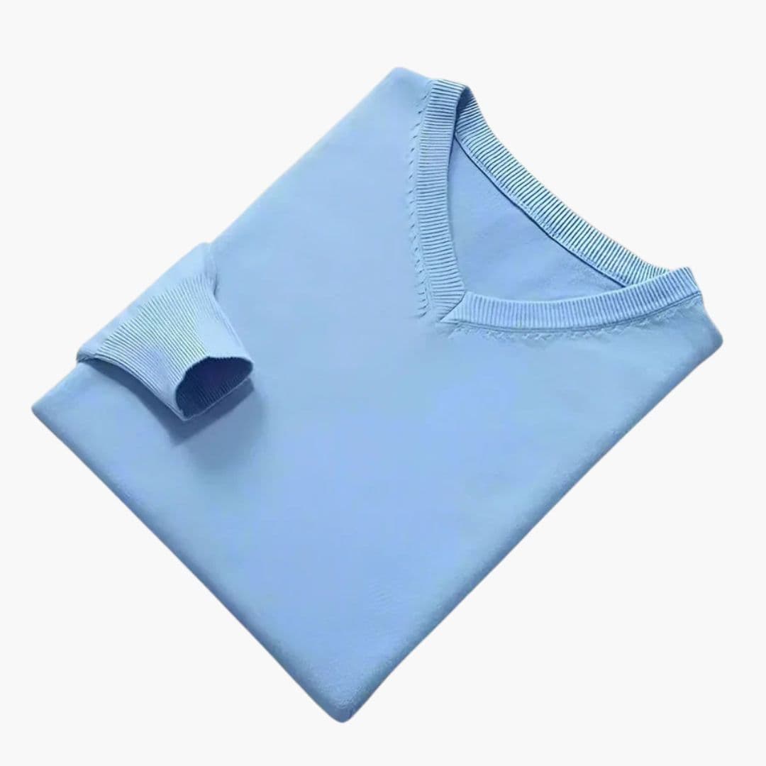 Men's classic V-neck knit sweater with ribbed collar, cuffs, and hem for versatile everyday layering
