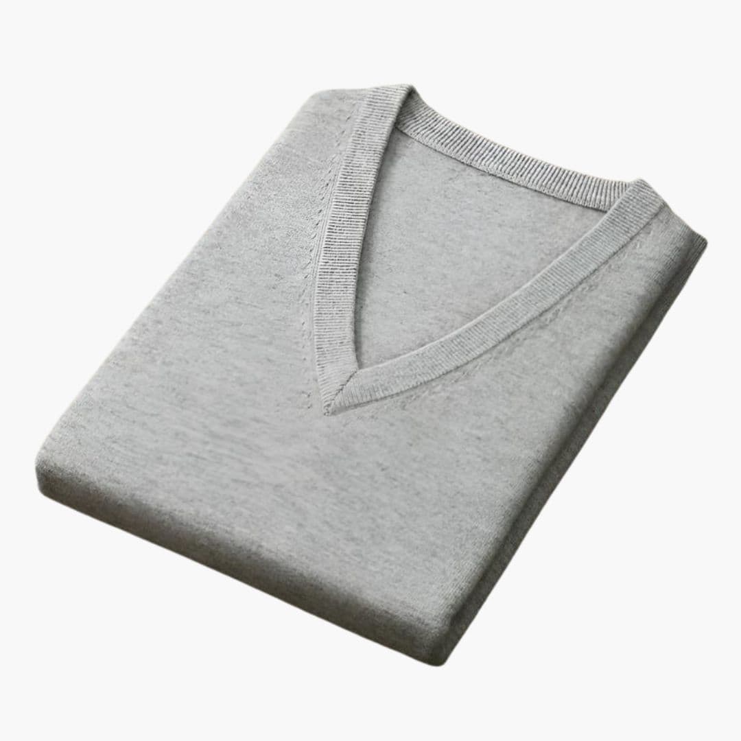 Men's classic V-neck knit sweater with ribbed collar, cuffs, and hem for versatile everyday layering