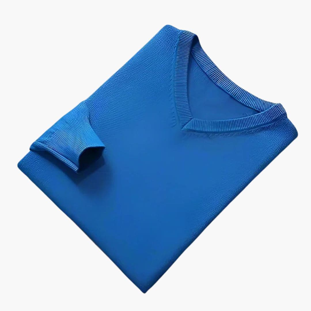 Men's classic navy V-neck knit sweater with ribbed collar, cuffs, and hem for versatile layering