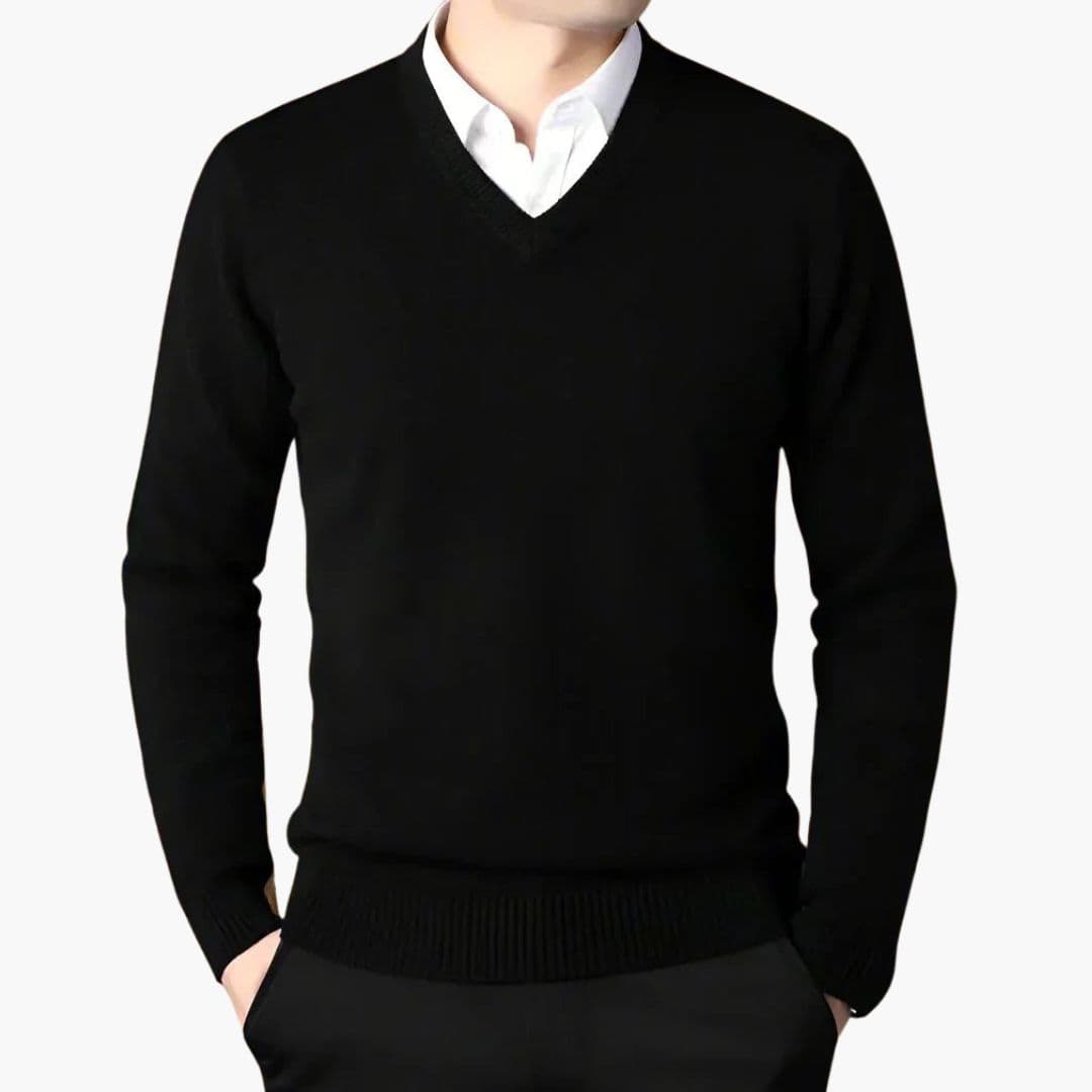 Men's classic V-neck knit sweater with ribbed collar, cuffs, and hem for versatile everyday layering