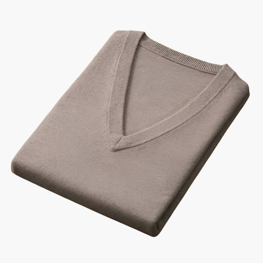 Men's classic V-neck knit sweater with ribbed collar, cuffs, and hem for versatile everyday layering
