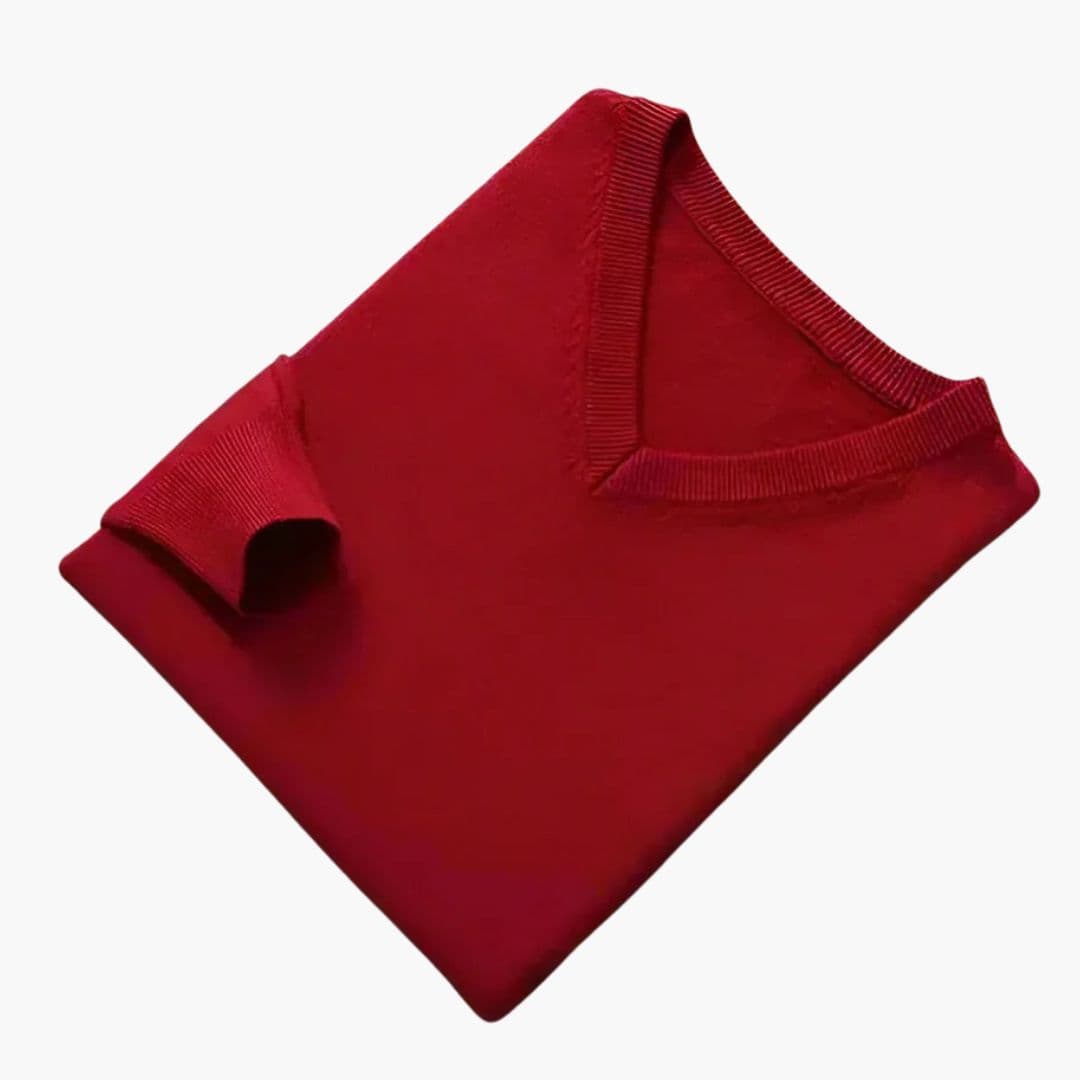 Men's classic V-neck knit sweater with ribbed collar, cuffs, and hem for versatile everyday layering