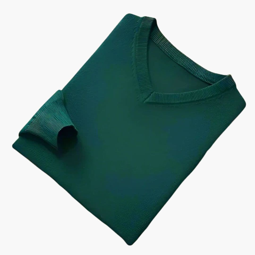 Men's classic navy V-neck knit sweater with ribbed collar, cuffs, and hem for versatile everyday layering