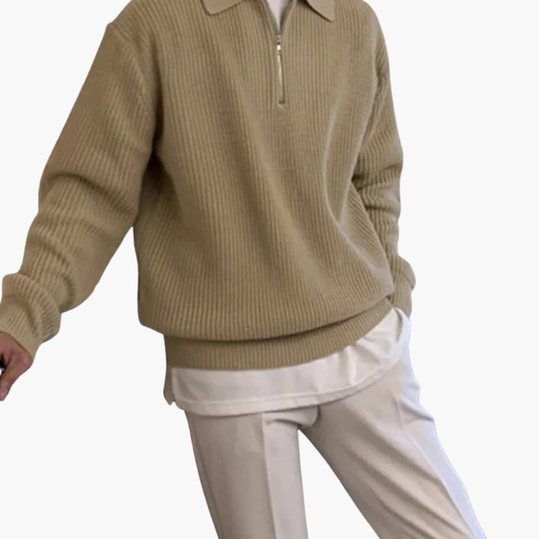 Men's dark ribbed knit half-zip sweater with structured fit, ideal for versatile smart-casual layering