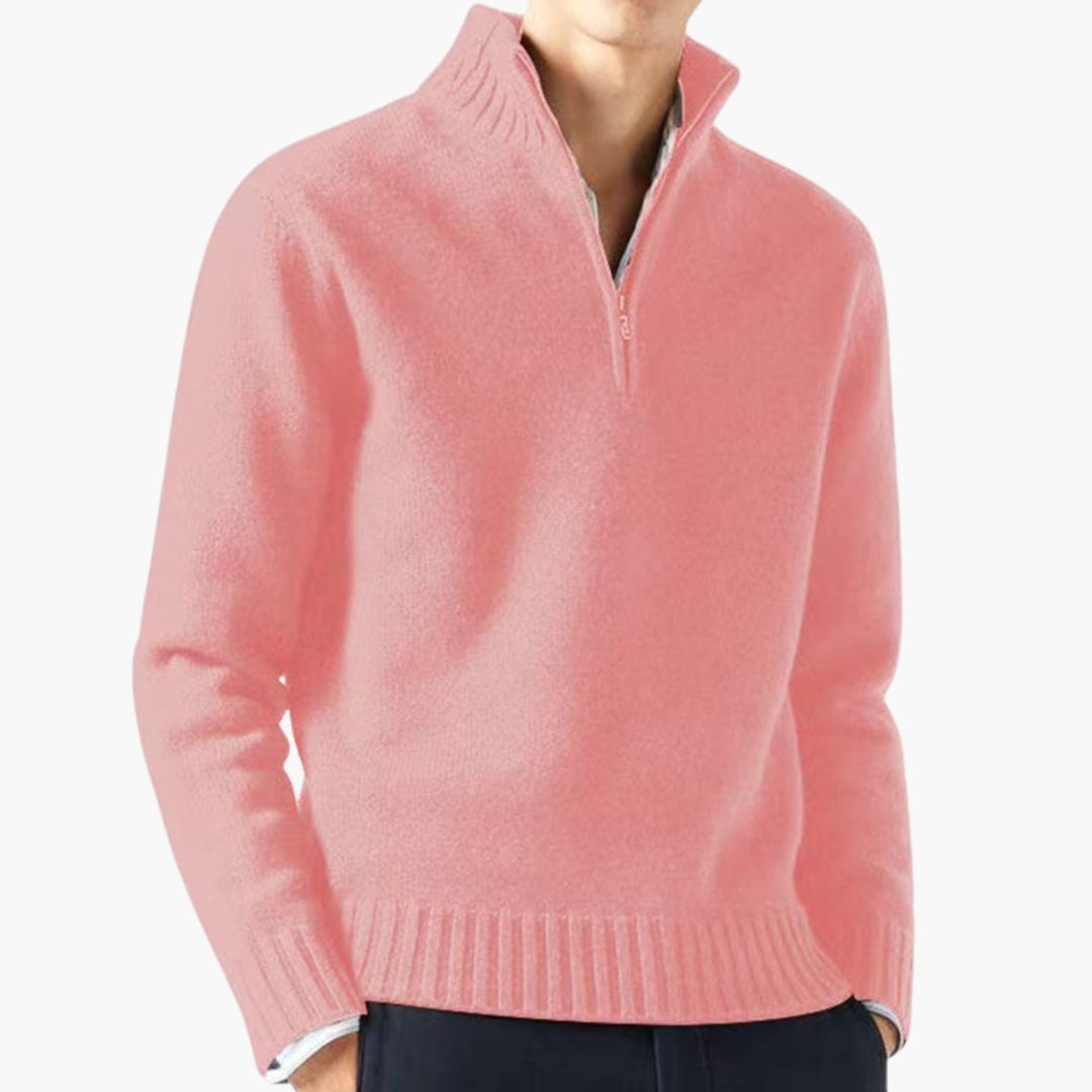 Men's gray half-zip sweater stand-up collar ribbed hem cozy knit modern slim fit