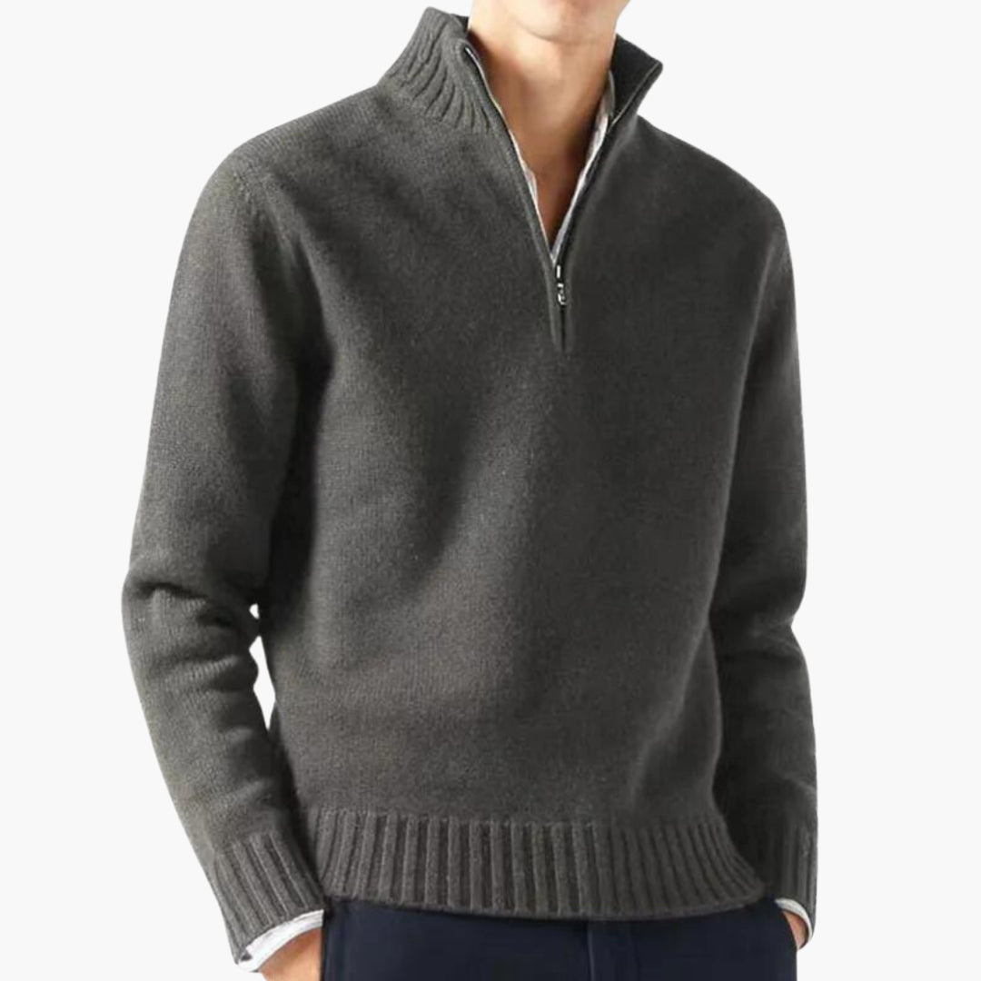 Men's beige half-zip knit sweater with stand-up collar, ribbed hem, modern slim fit