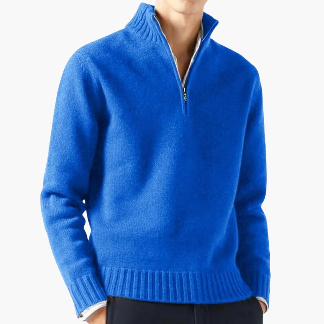 Men's half-zip knit sweater with stand-up collar, ribbed hem, cozy warm knitwear modern fit
