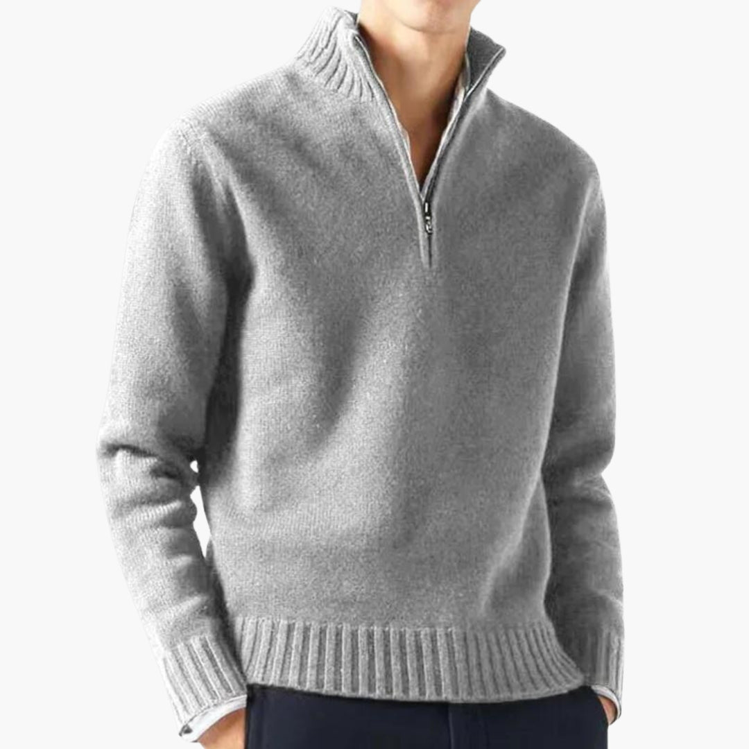 Men's gray half-zip sweater stand-up collar ribbed hem cozy modern knitwear smart-casual style