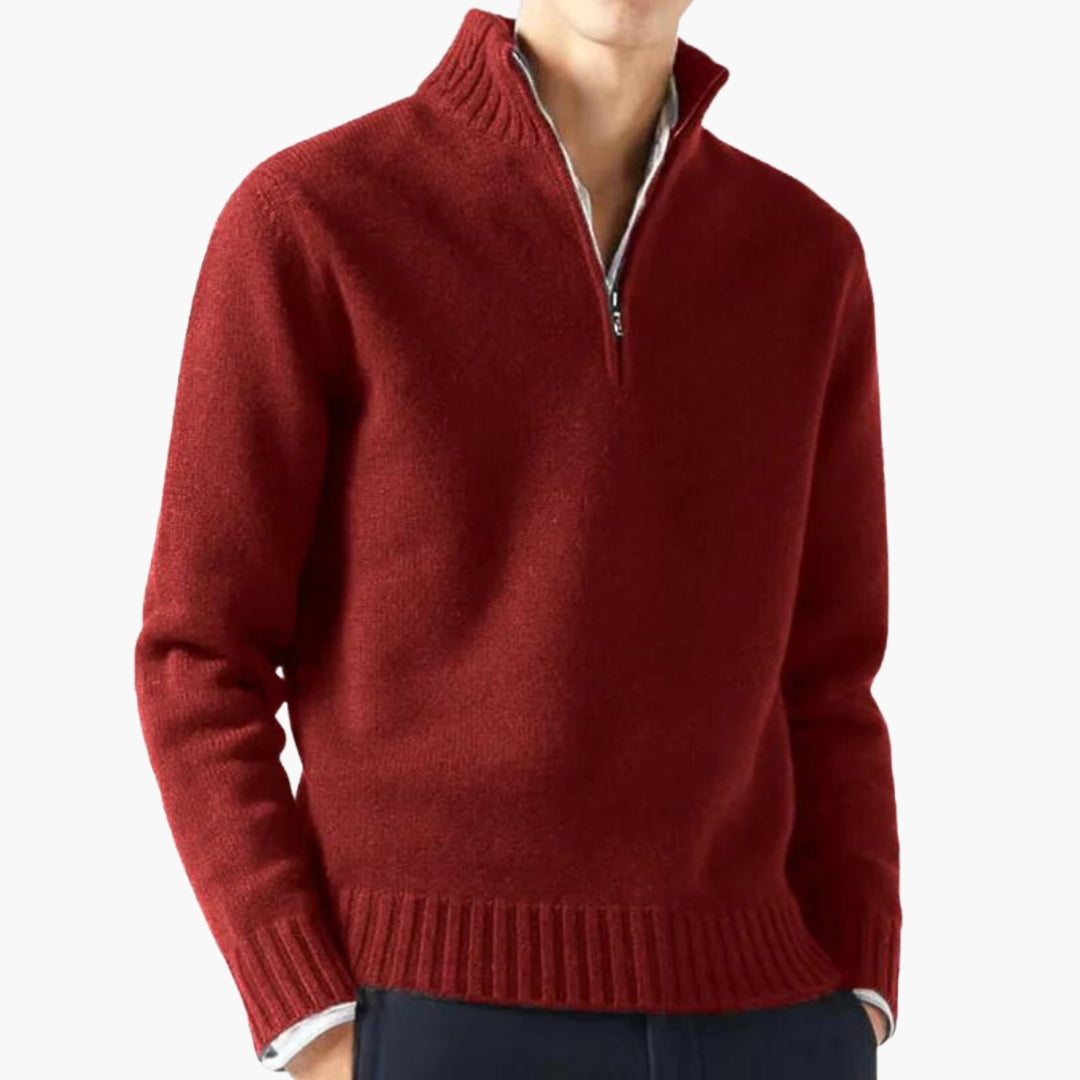 Men's half-zip knitwear sweater with stand-up collar, ribbed hem, cozy warm modern fit