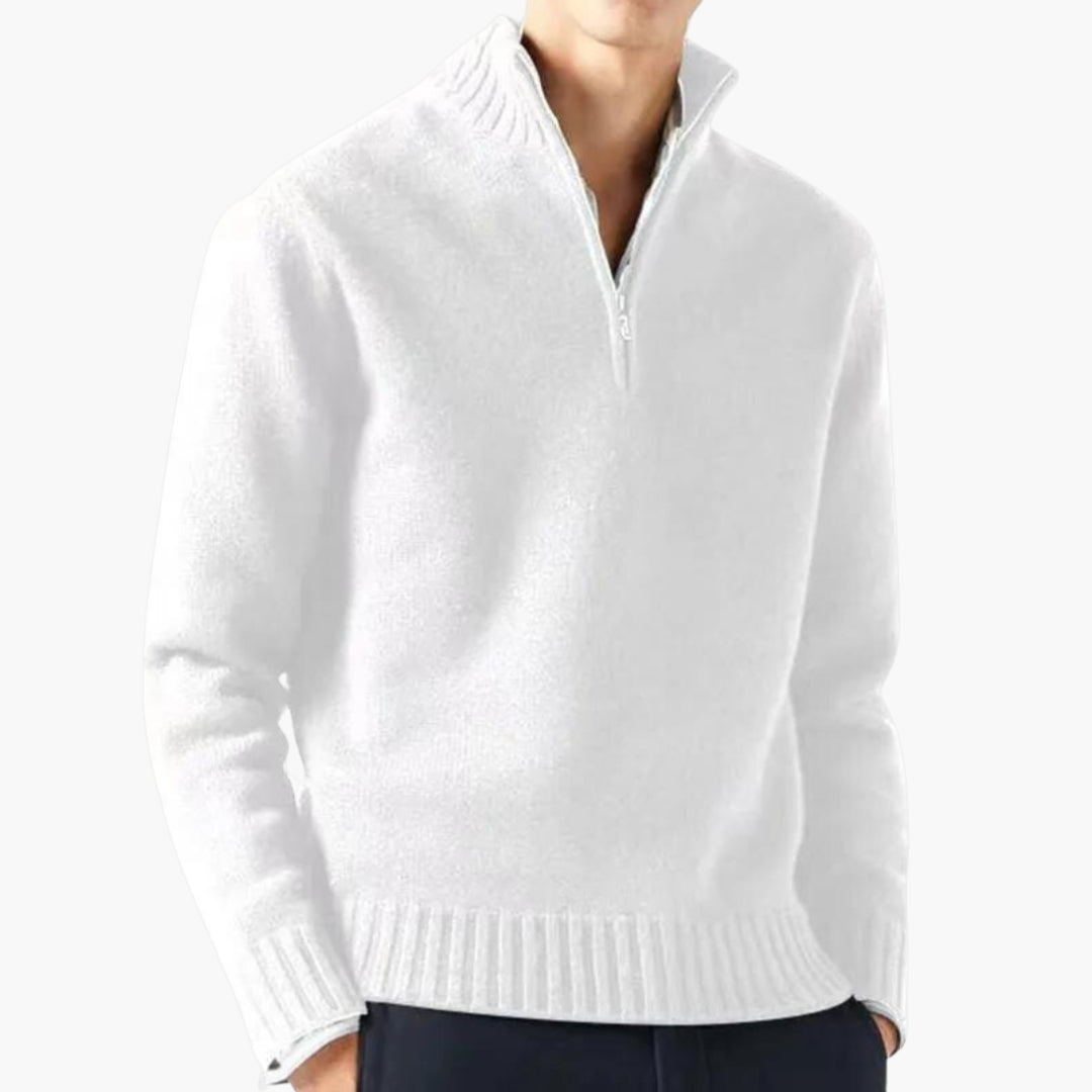 Men's half-zip knit sweater with stand-up collar, ribbed hem, cozy warm modern knitwear