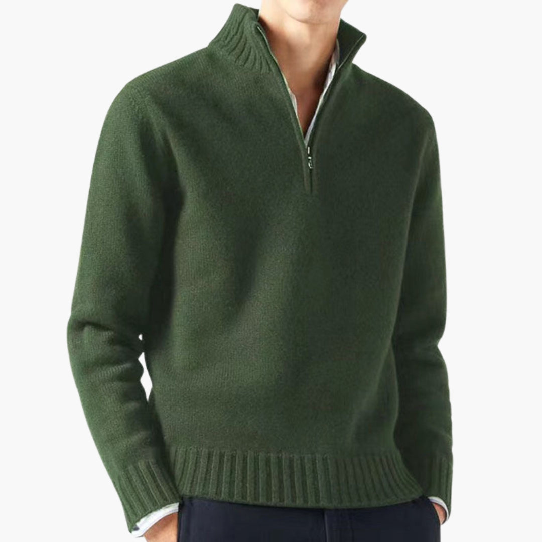 Men's gray half-zip knit sweater with stand-up collar and ribbed hem, modern slim fit