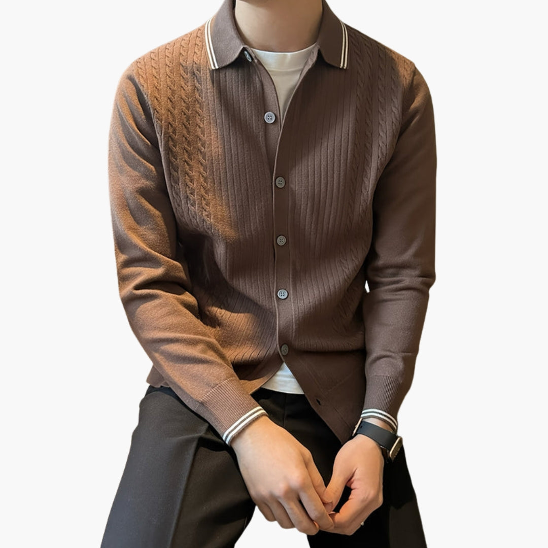 Men's cable knit sweater with collar and button placket, structured silhouette for layering