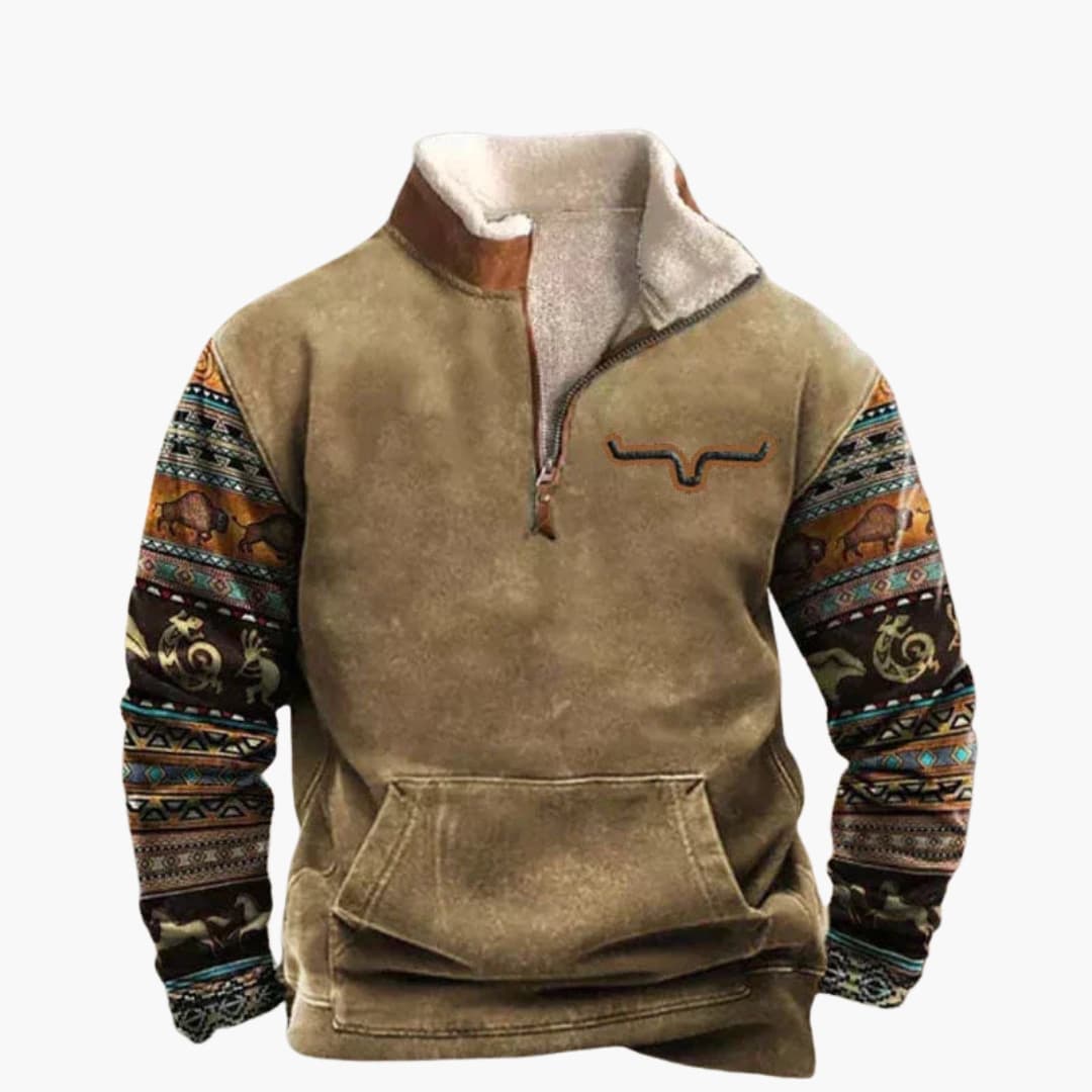 Men's gray half-zip pullover stand-up collar kangaroo pocket graphic chest print casual fit