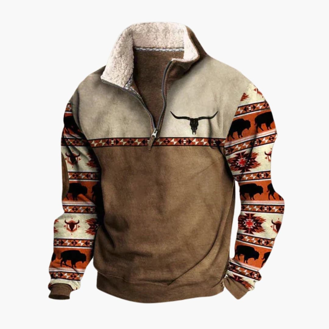 Men's gray half-zip pullover stand-up collar kangaroo pocket graphic chest print casual fit