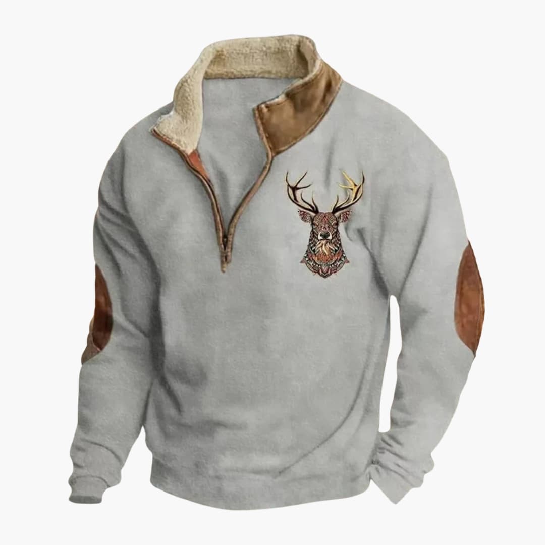 Men's zip collar pullover with suede patches, embroidered stag head, fleece lined, premium knitwear