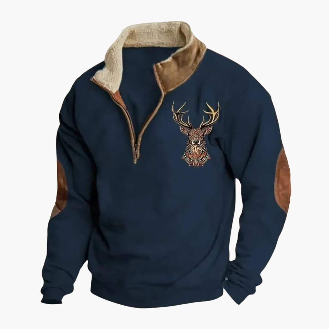 Men's zip collar pullover with suede patches, embroidered stag head detail, fleece lined, premium knit